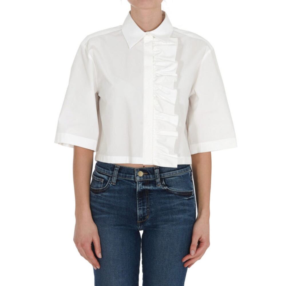 MSGM White Cotton Poplin 3/4 Sleeves Ruffle Collar Cropped Blouse Shirt 42 US 6